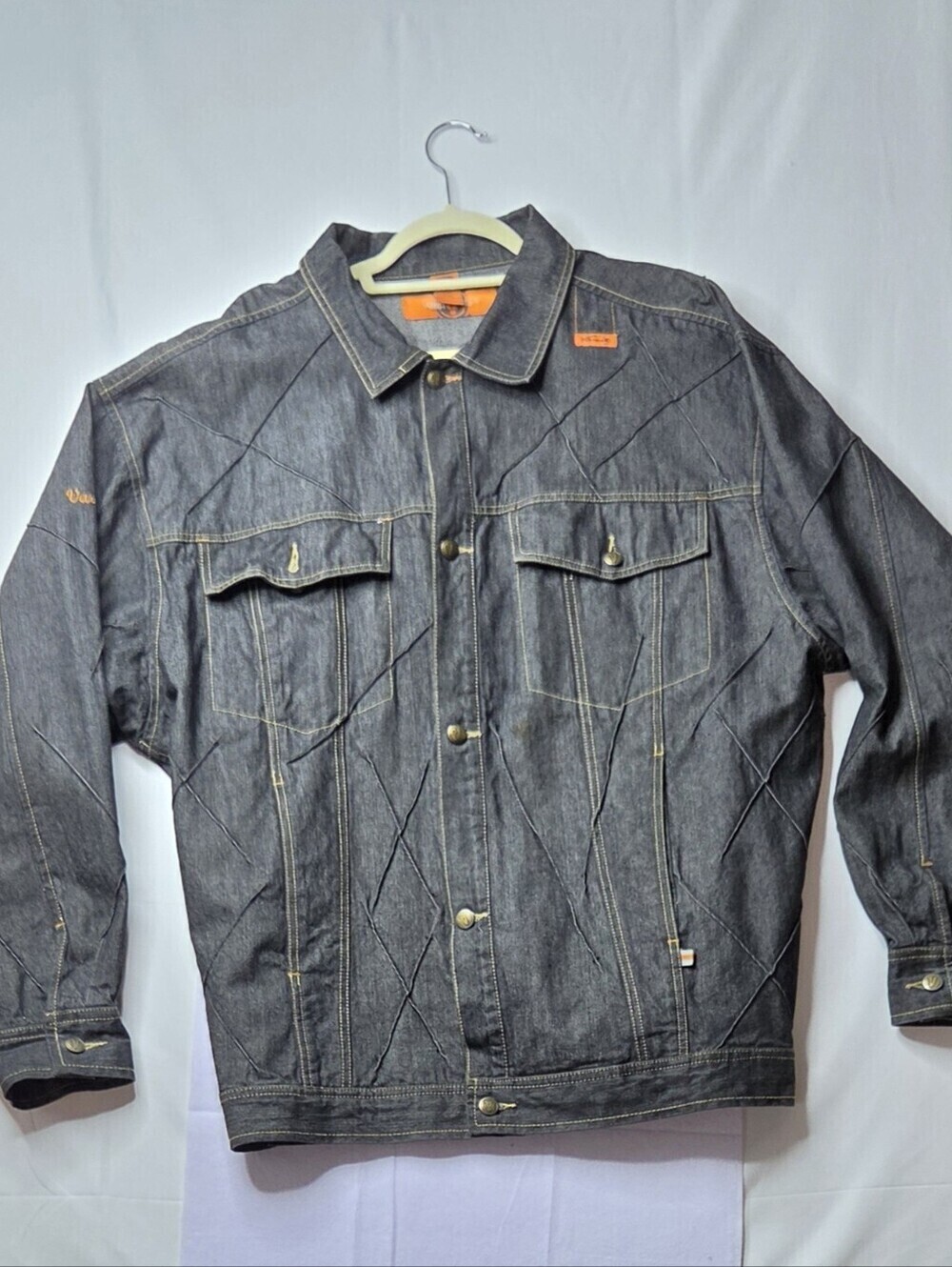 VTG Varcity USA Diamond Stitch Denim Jacket Baggy Y2K XL